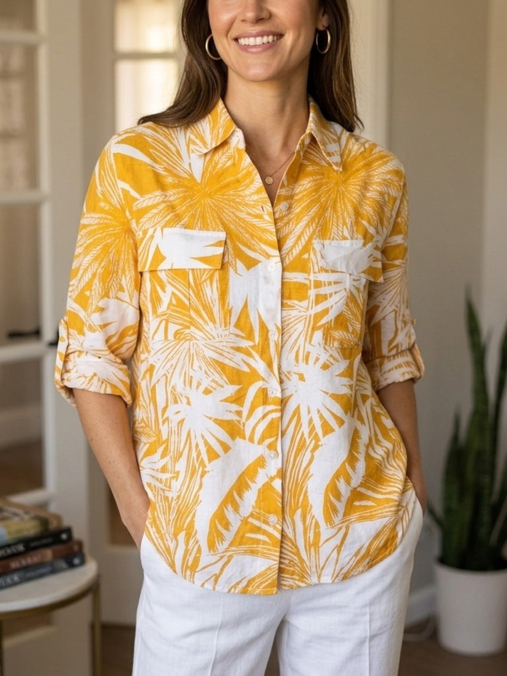 Unique Spectrum Yellow and White Palm-Print Button Down Shirt